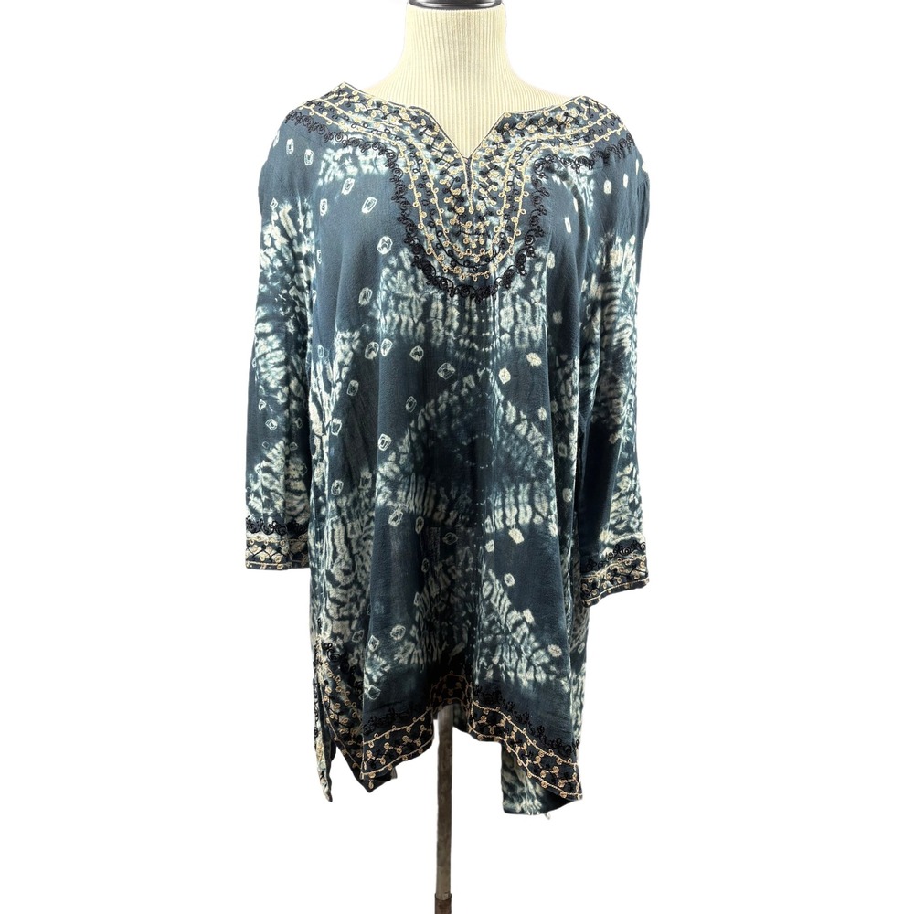 Soft Surroundings Tunic Top 1X Embroidered Tie Dye Boho Festive Relaxed‎ - FLAW